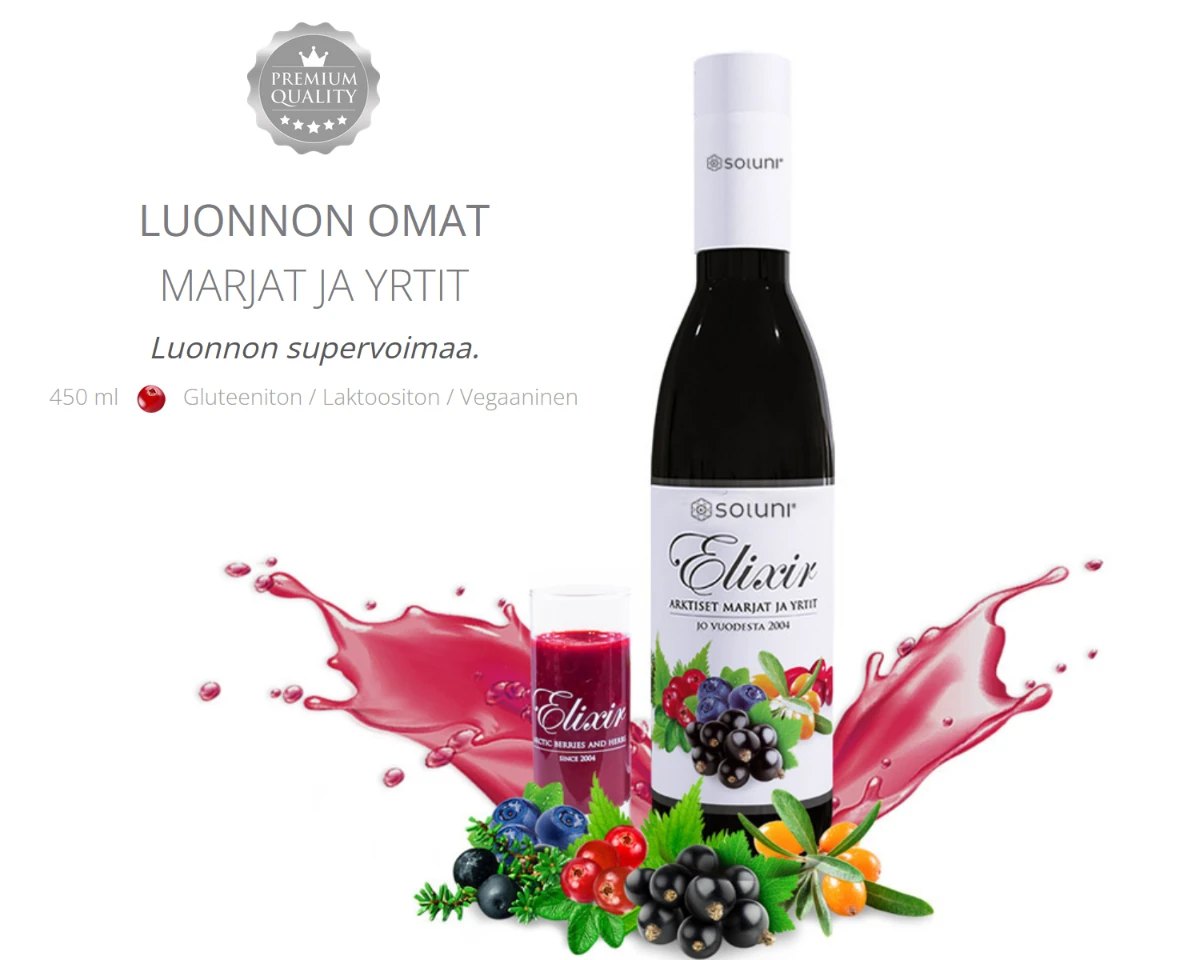 Soluni Elixir -pullo, lasillinen punaista juomaa ja marjoja valkoisella taustalla